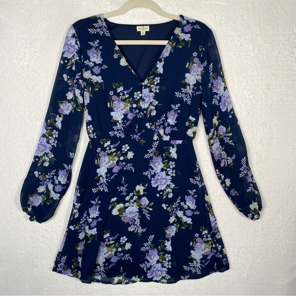 Mason & Belle Womens Blue Floral Puff Long‎ Sleeve Button V-Neck Mini Dress S